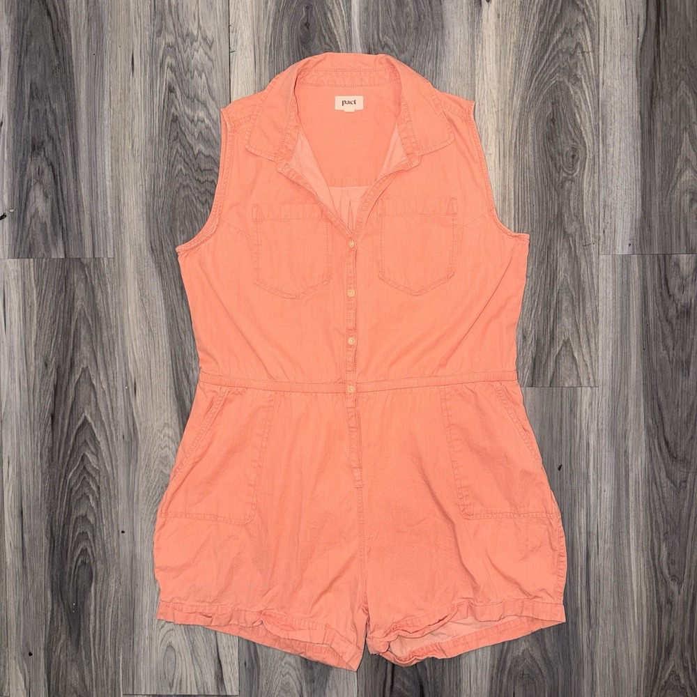 Pact Romper Women's Large Organic Cotton Chambray Faded Pink Sleeveless Stretch